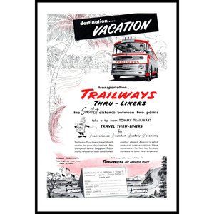 1953 Trailways Coach Bus Liners Vintage Print Ad Florida Beach Palm Trees Art